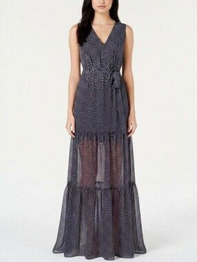 NEW Sleeveless Navy Polka Dot Maxi Dress with Tie Waist Sz 6
